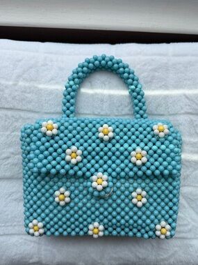 Hand-Beaded Blue Daisy Tote Bag